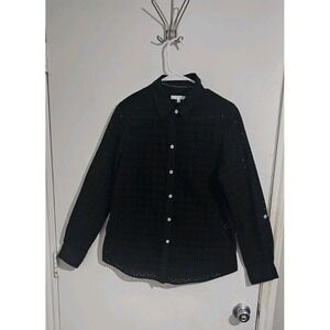 Foxcroft Women's Shaped Eyelet Button Down Shirt Sz 12 Black Boho Witchy Dark
